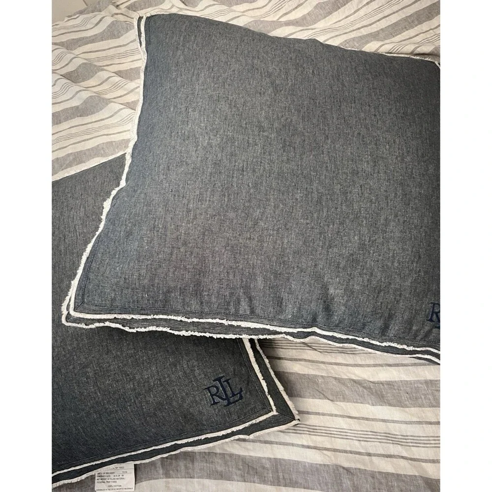 2 large euro pillows Ralph Lauren Down Filled Chambray 26” Frayed Edge square
